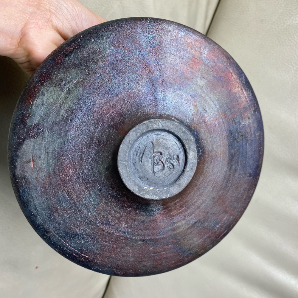 Raku Decorative Bowl With Handles Hand Made Studio Art Pottery Signed